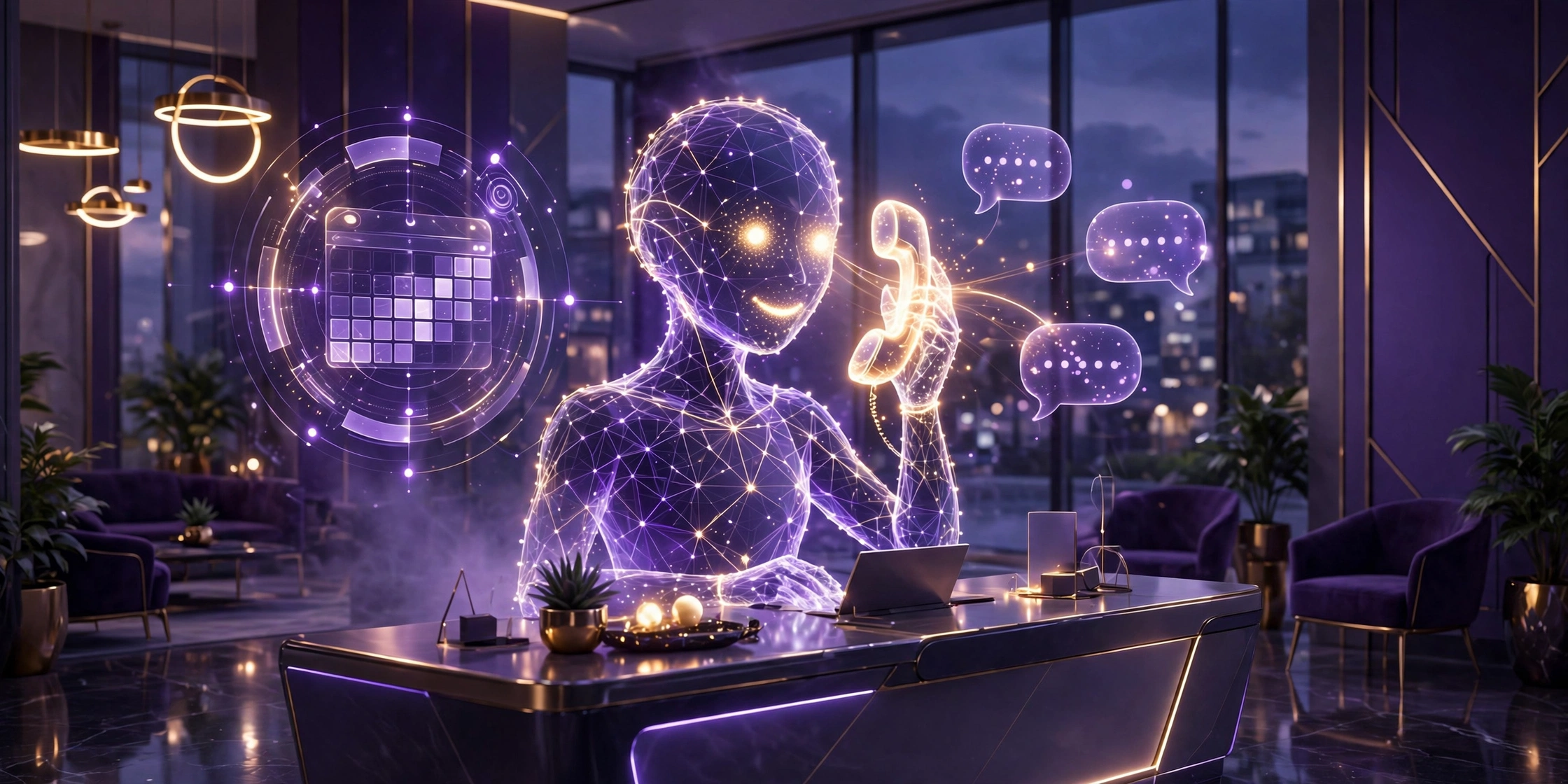 3D illustration of a friendly receptionist answering calls in a modern business lobby